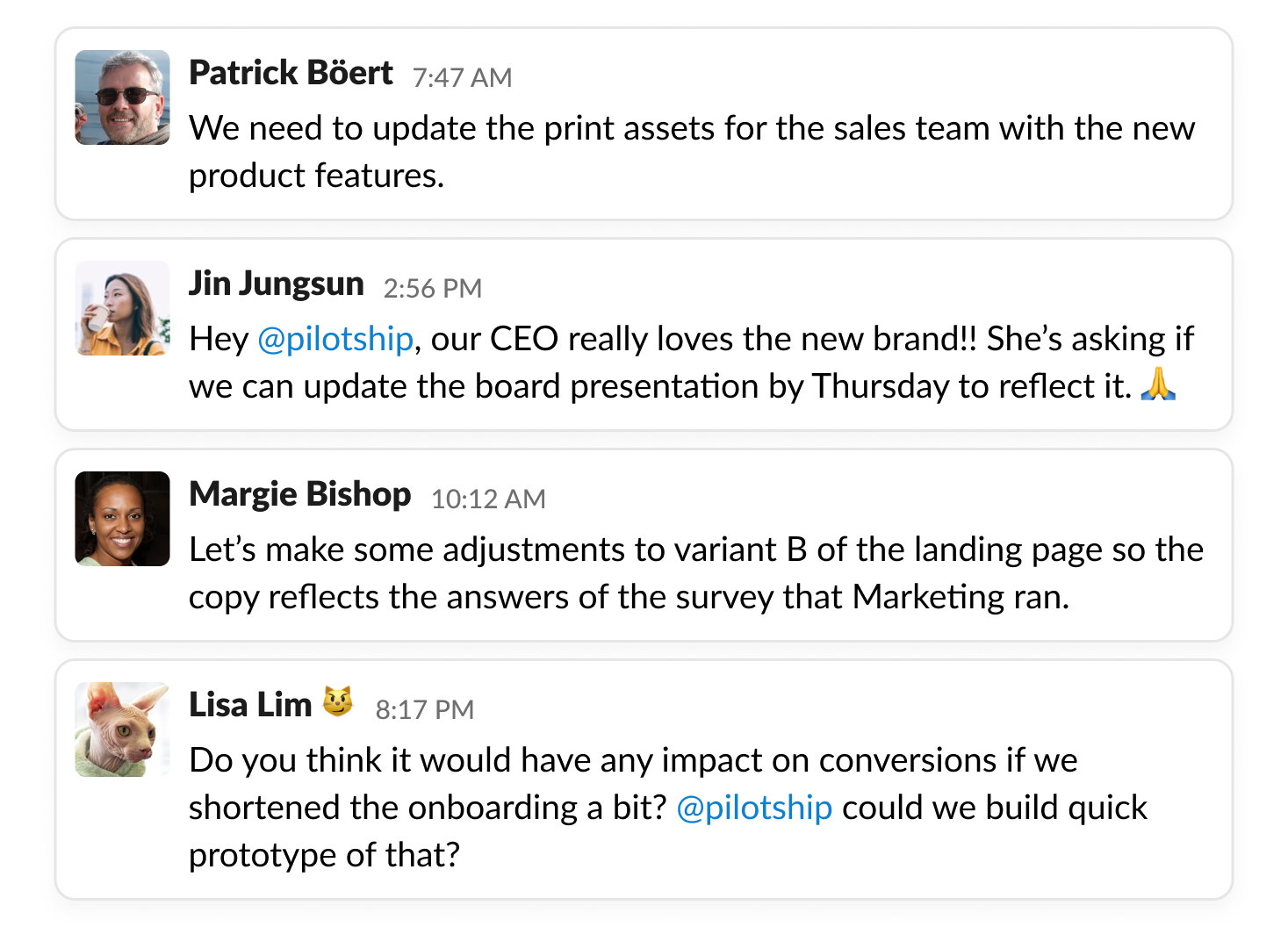Multiple teams sending requests by message for the various work they need done.